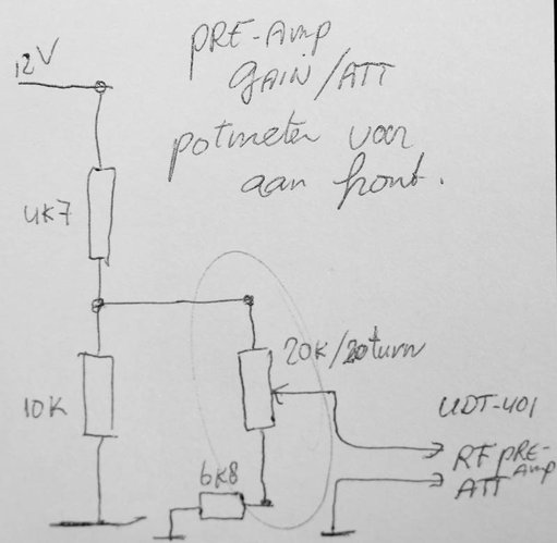 En hier is dan mijn config. Let op, de waarden gelden voor mijn tuner specifiek. En ik heb een regelbare meerslagenpotmeter van 20k op de voorkant. Let er overigens op, dat deze regeling past werkt op frequenties boven 30MHz. Op HF regelt de pre-amp gewoonweg nauwelijks terug.